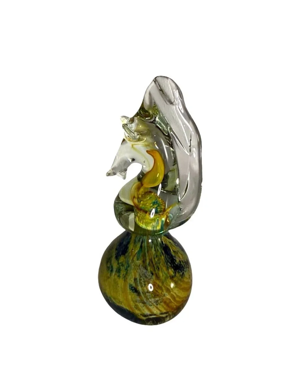 Art Glass SeaHorse Sculpture With Yellow & Blue Swirl Signed Mdina